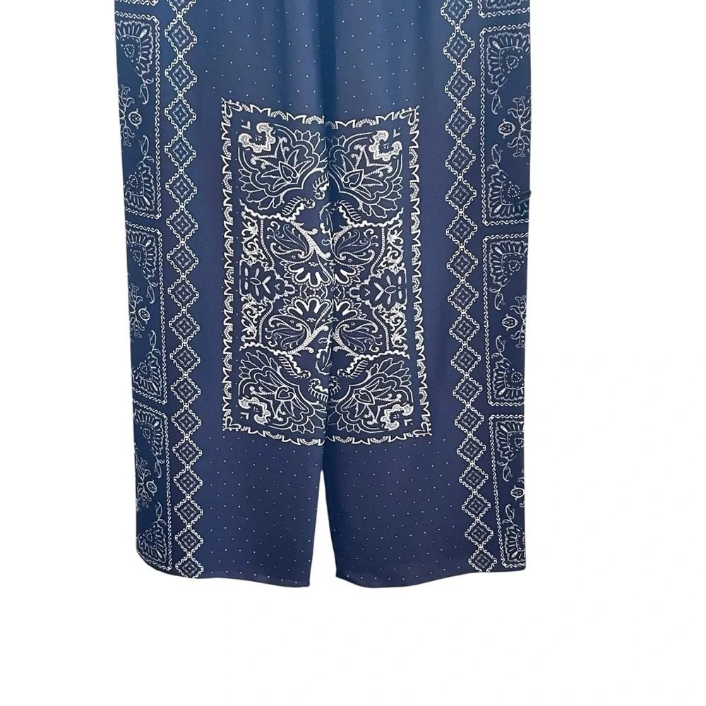 Zara Blue and White Wide Leg Palazzo Pants with Paisley Print Size L NWT
